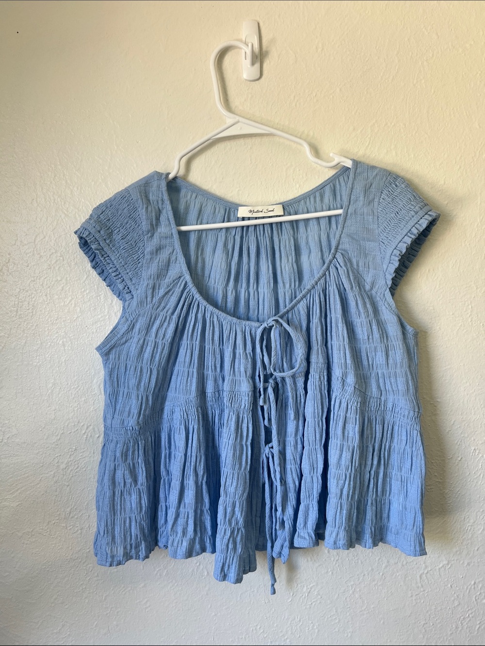 Mustard Seed-Light Blue 3 Tie-Front Peasant Top -Coastal, Feminine, cottagecore
